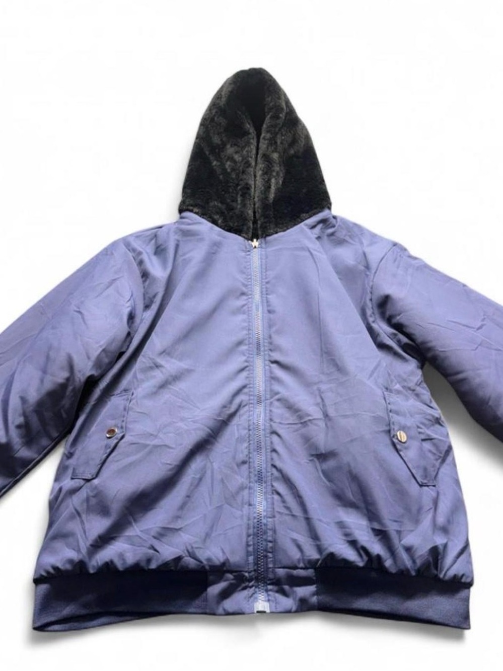 Women’s Navy Hooded Bomber Jacket with Faux Fur Lining